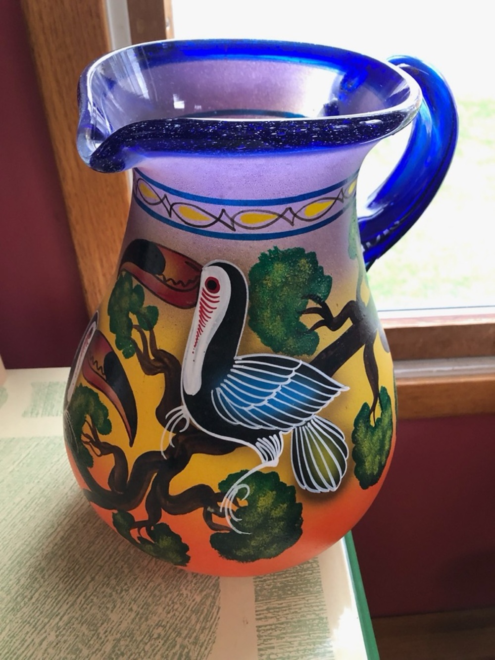 Mexican Hand-Painted Tropical Bird Glass Pitcher